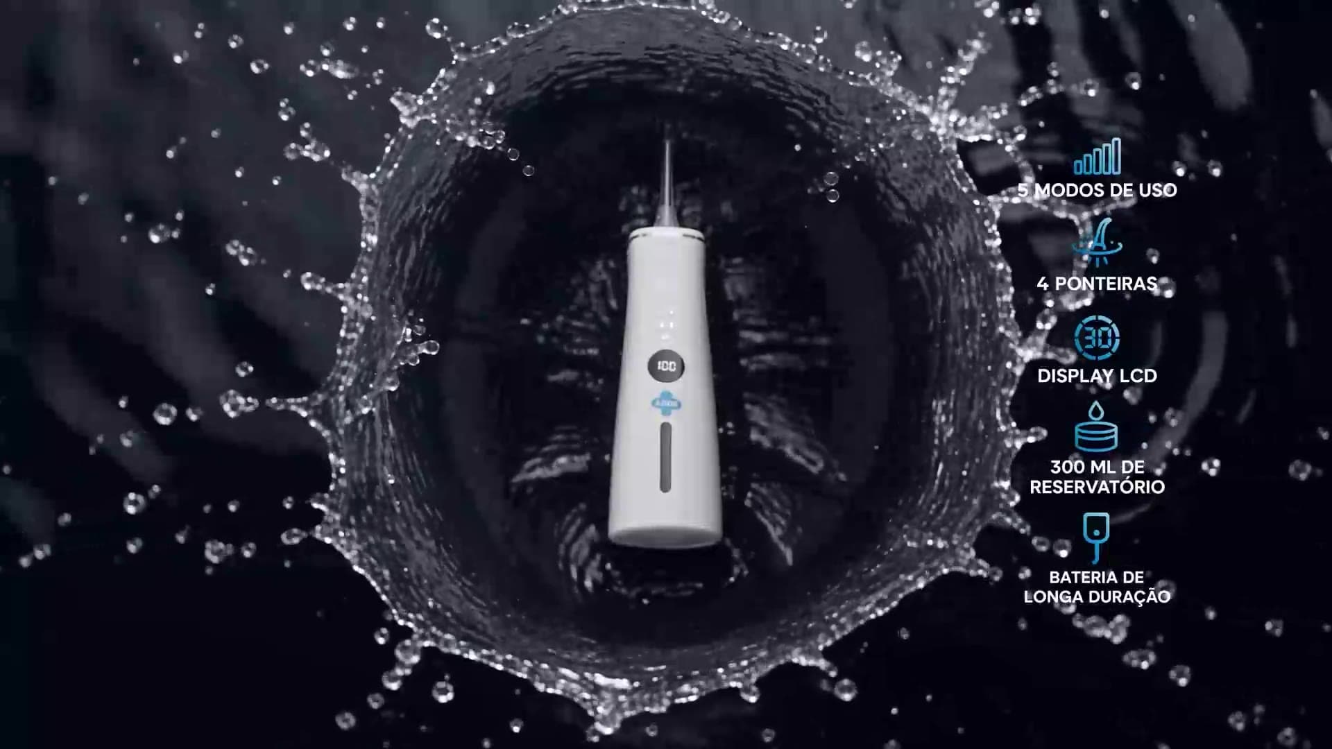 Irrigador ADDS TechJet A20 girando dentro de um respingo de água, com as especificações do aparelho aparecendo ao lado: pressão, pulsos por minuto, bico giratório, resistência à água e bateria.